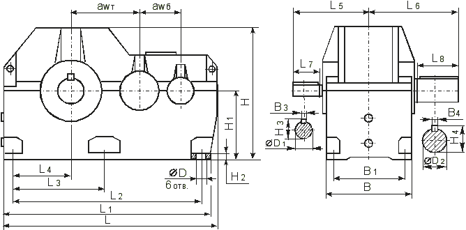 Габаритные и присоединительные размеры редуктора 1Ц2Н-450