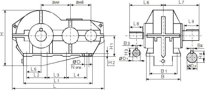 Габаритные и присоединительные размеры редуктора Ц2У-400К