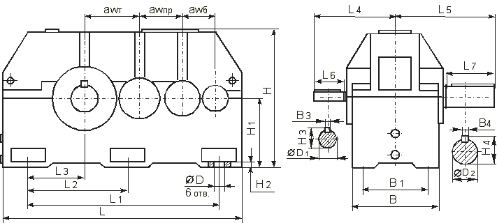 Габаритные и присоединительные размеры редуктора 1Ц3У-400Н